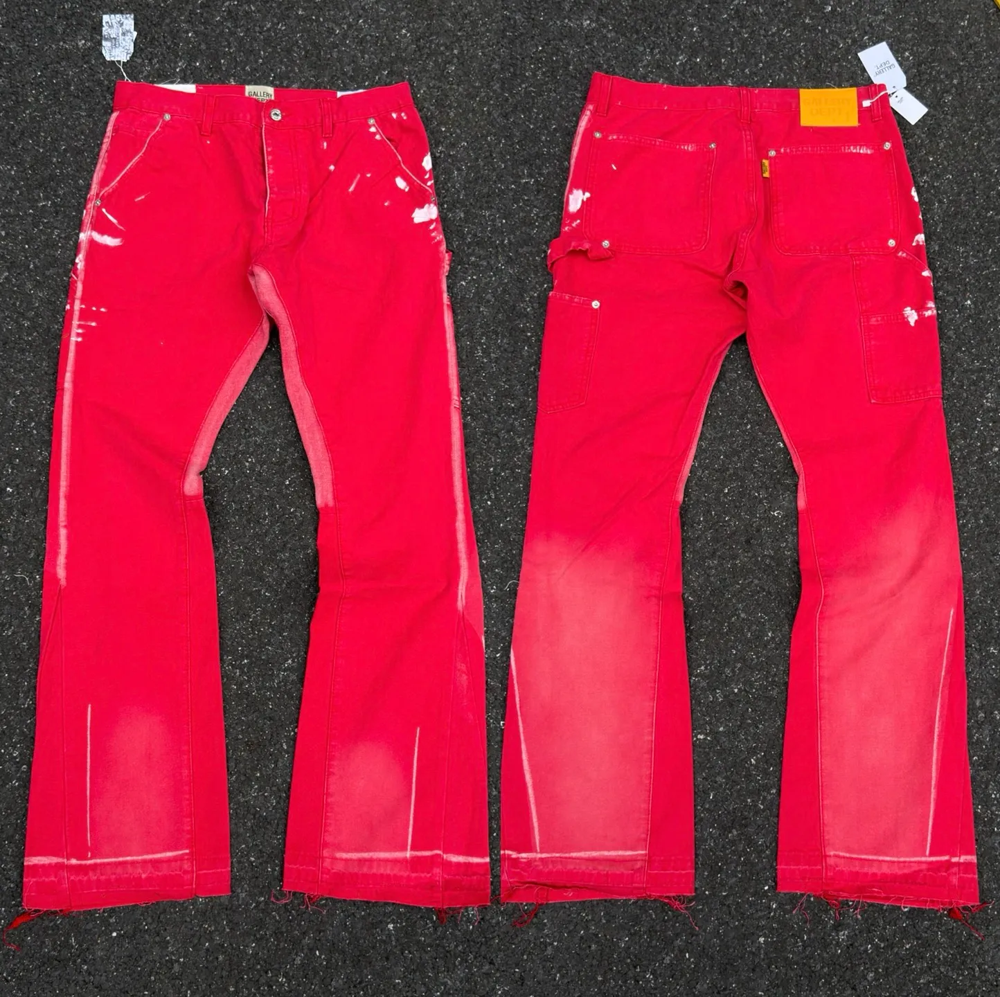 P260💰GA06 GALLERY DEPT. Spliced ​​patches, splashed ink denim flared jeans, washed, distressed, spliced ​​jeans, logging micro-flared jeans, same style for men and women Color: red Code number: 28 30 32 34 36
